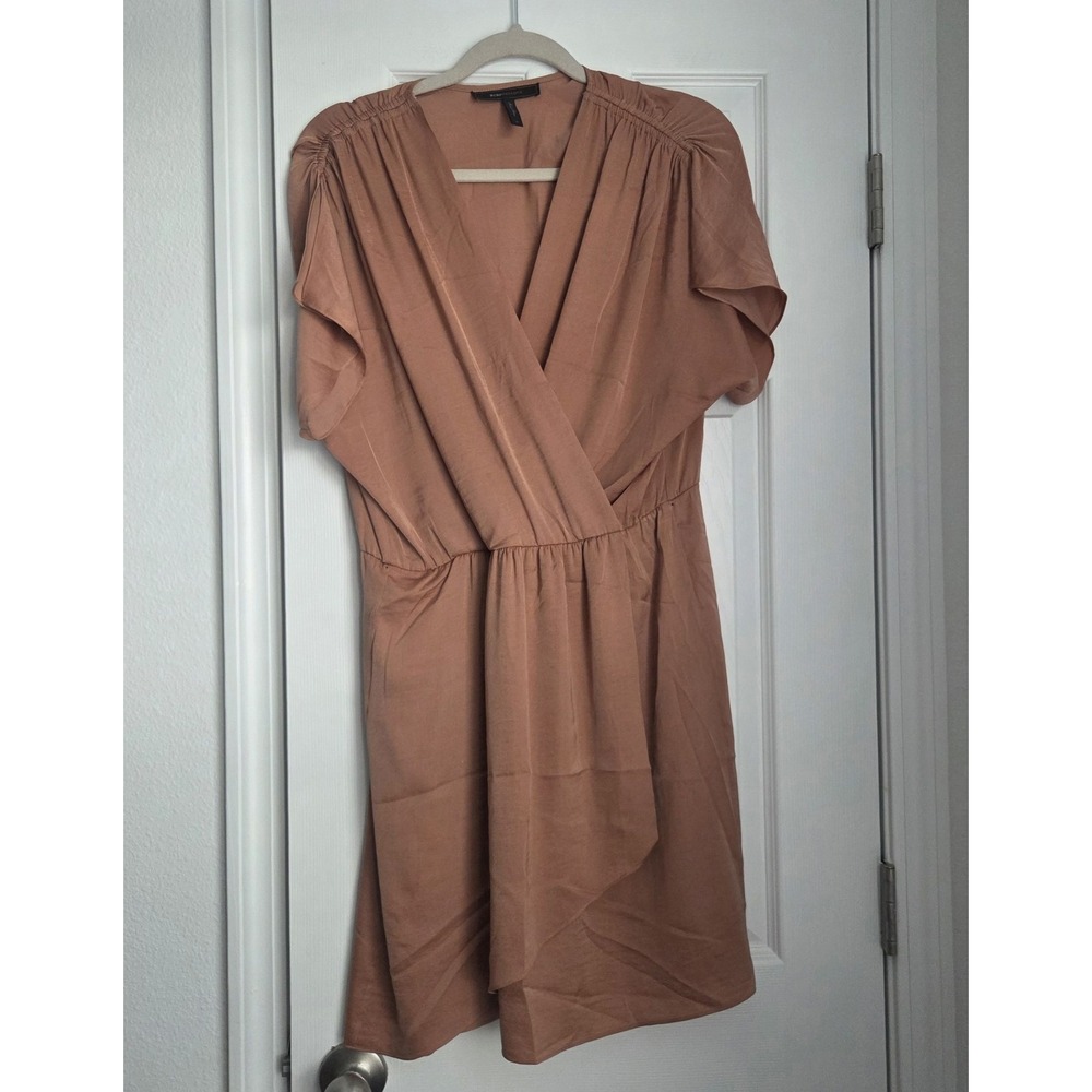 BCBG MAXAZRIA Draped Mini Dress Earthy Neutral Casual Ruched Waist Brown Sz M